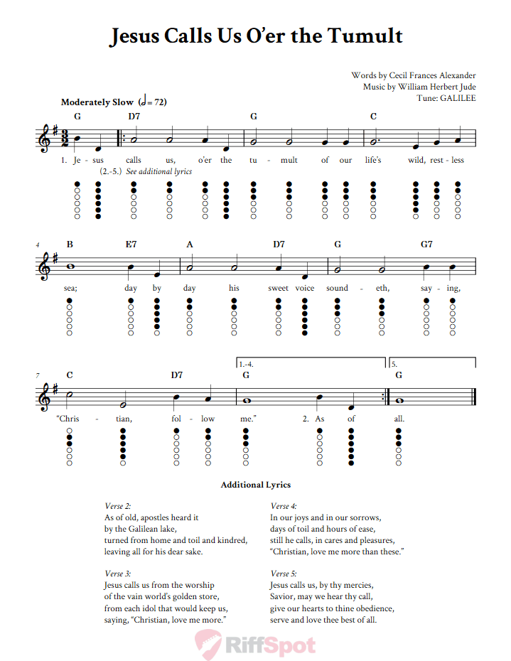 Jesus Calls Us O'er the Tumult Tin Whistle Tab