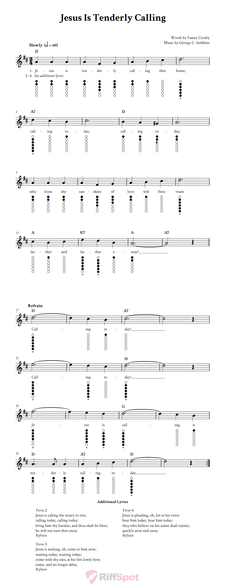 Jesus Is Tenderly Calling Tin Whistle Tab