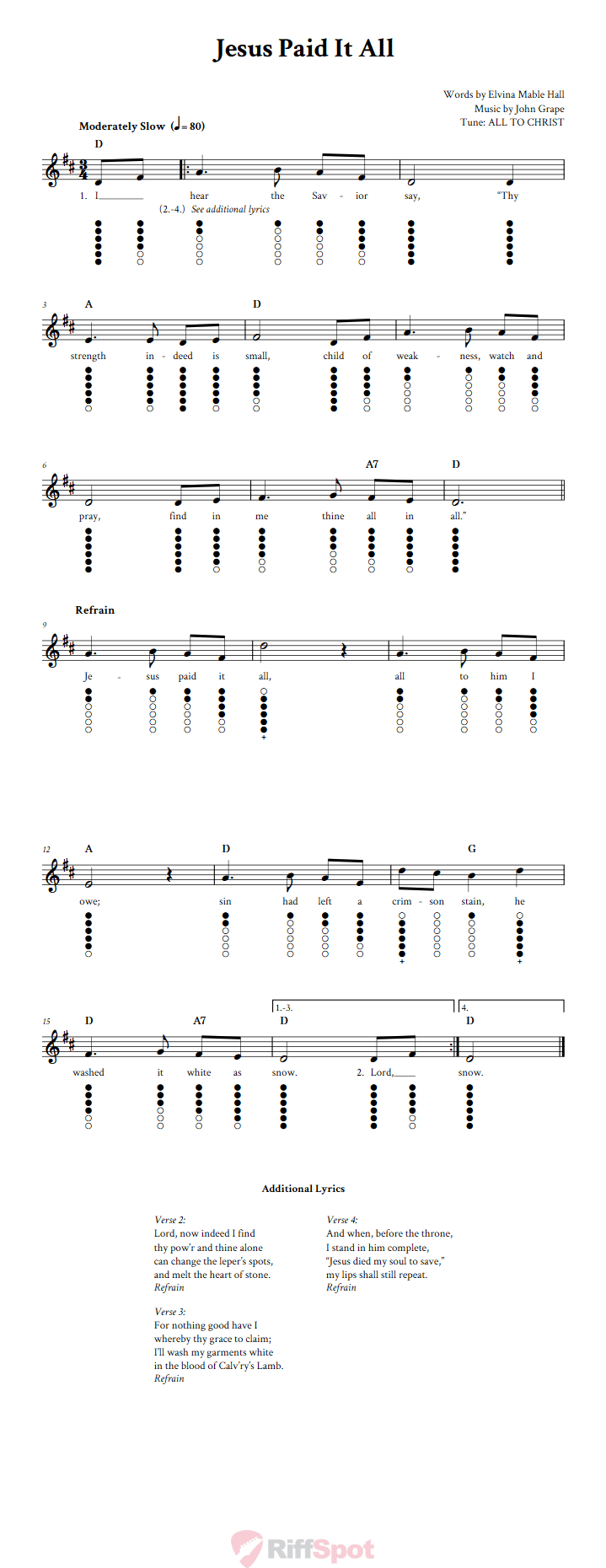 Jesus Paid It All Tin Whistle Tab