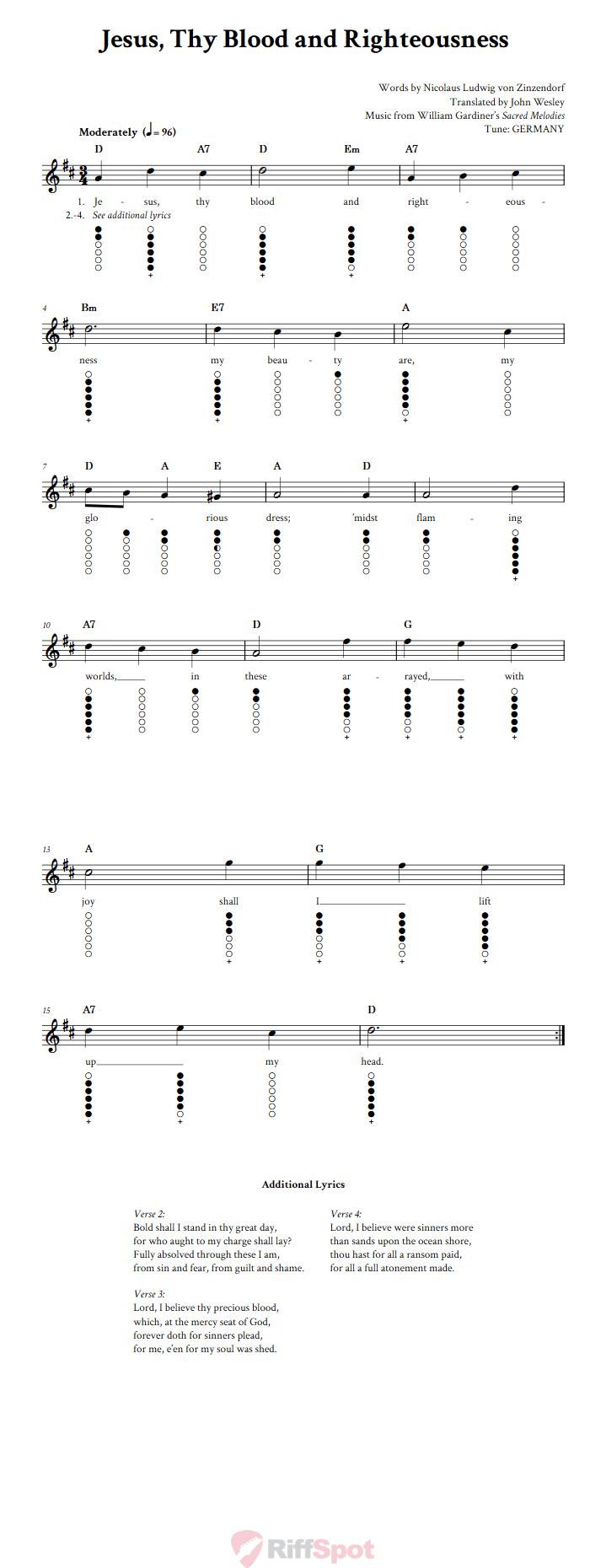 Jesus, Thy Blood and Righteousness Tin Whistle Tab