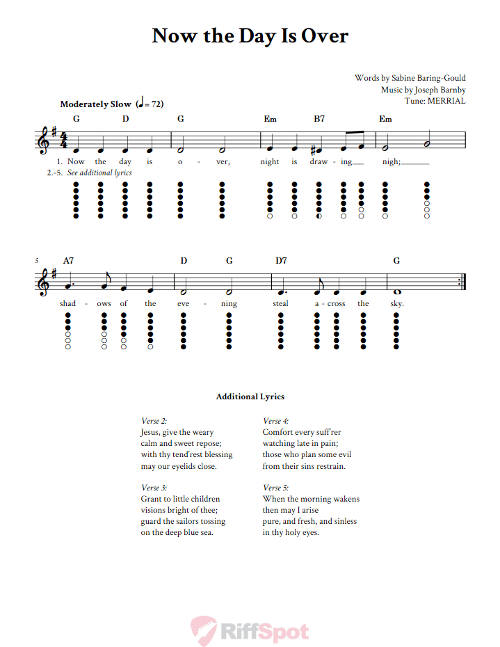 Now the Day Is Over Tin Whistle Tab