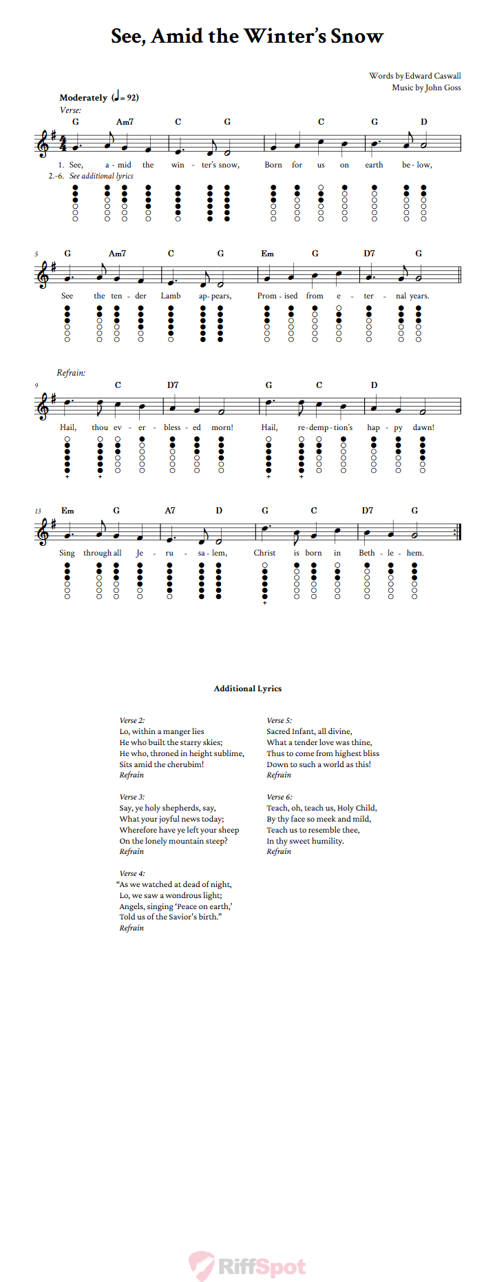 See, Amid the Winter's Snow Tin Whistle Tab