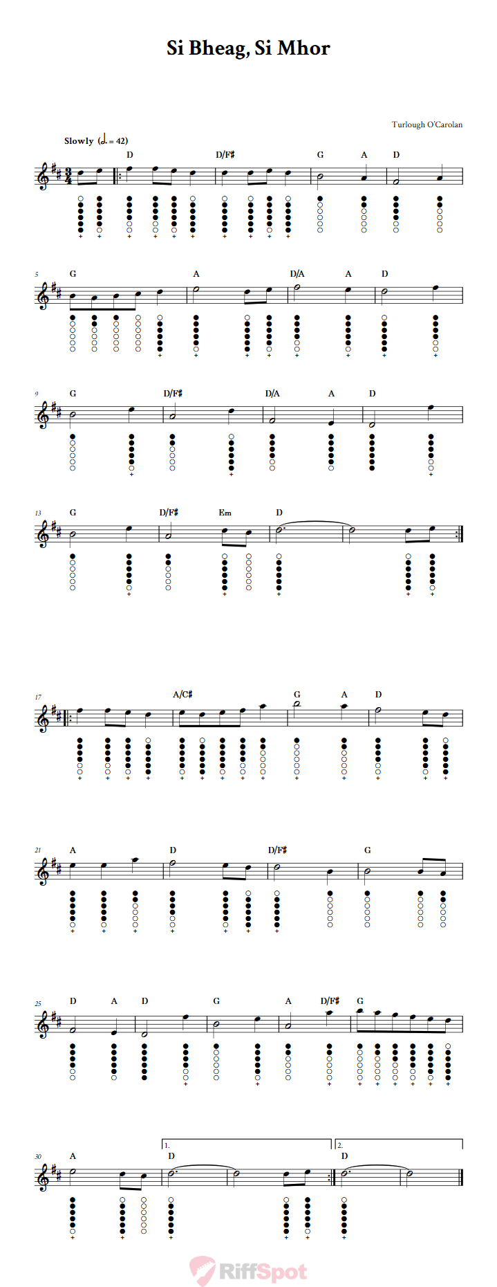 Si Bheag, Si Mhor Tin Whistle Tab