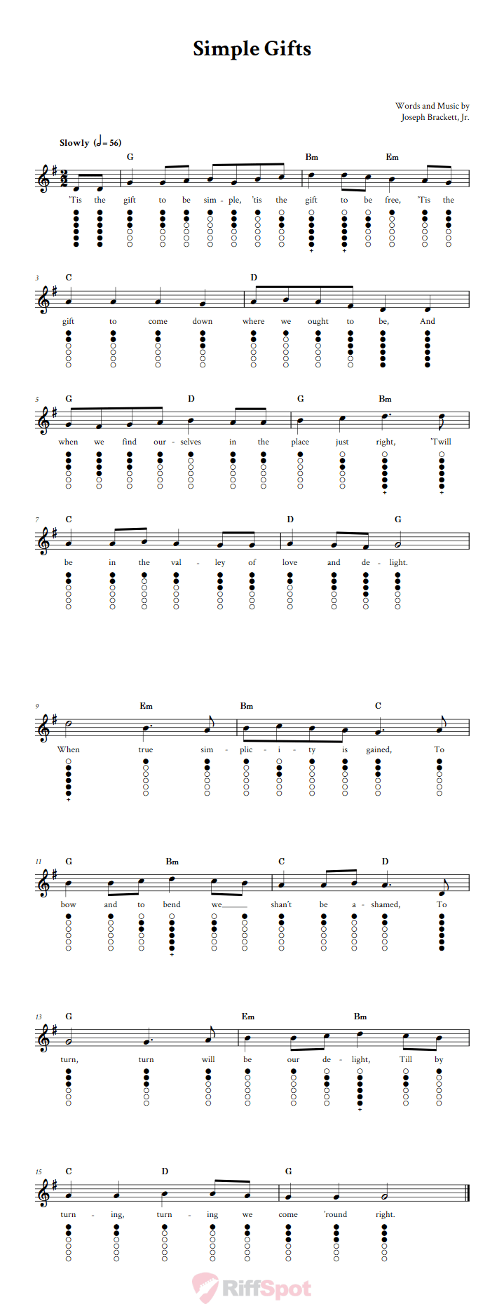Simple Gifts Tin Whistle Tab