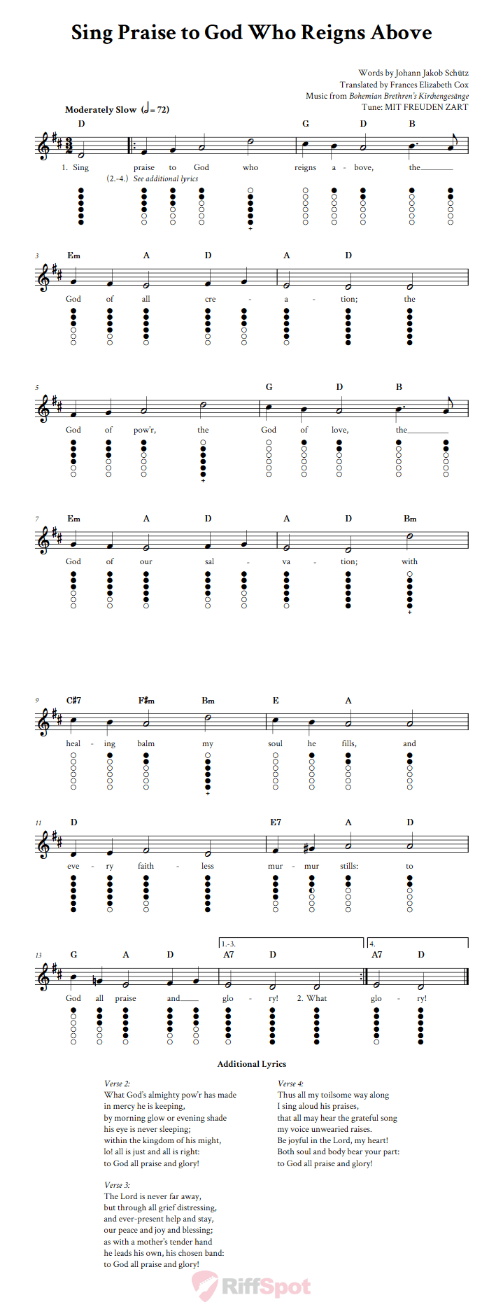 Sing Praise to God Who Reigns Above Tin Whistle Tab