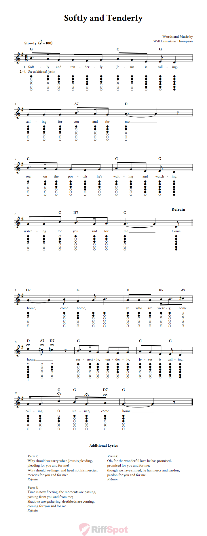 Softly And Tenderly Tin Whistle Tab