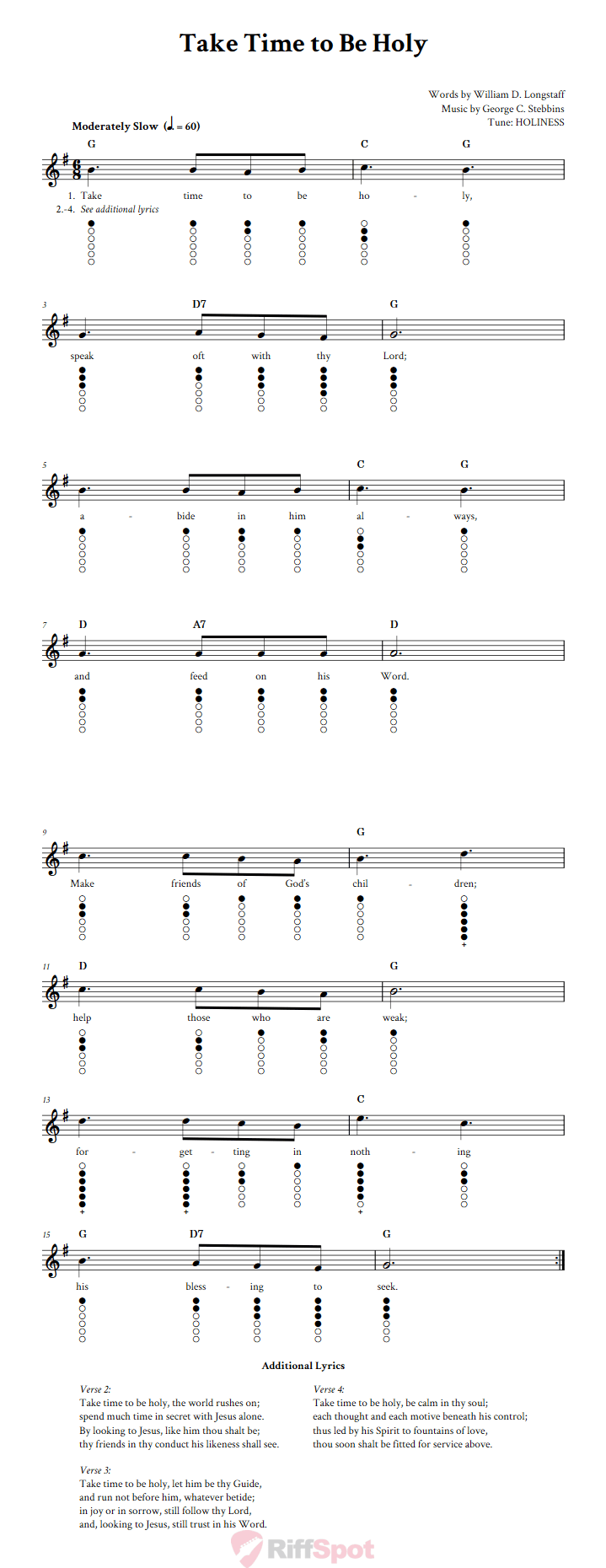 Take Time to Be Holy Tin Whistle Tab