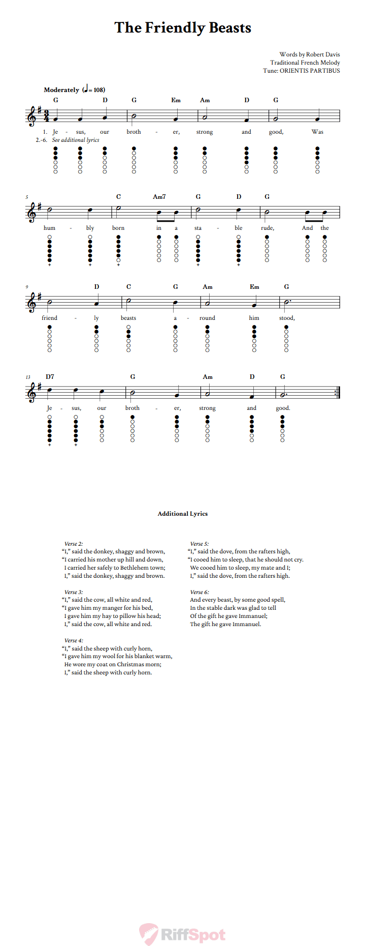 The Friendly Beasts Tin Whistle Tab