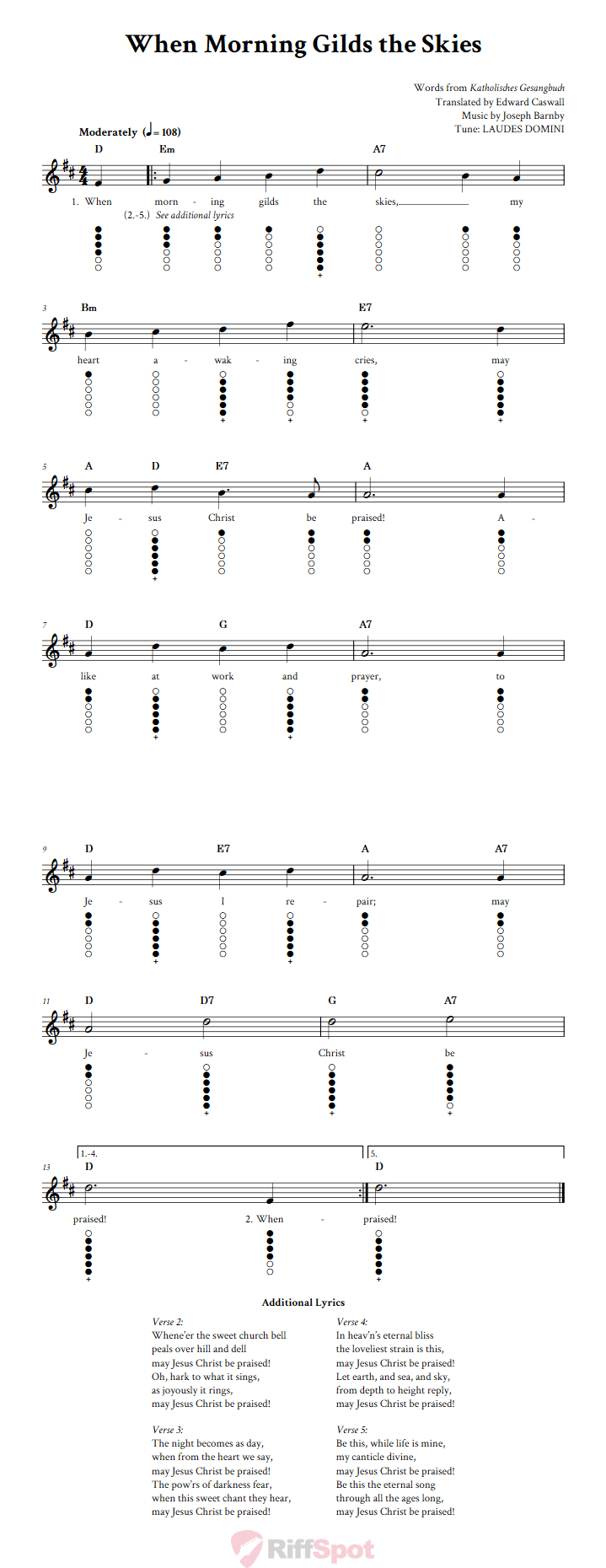 When Morning Gilds the Skies Tin Whistle Tab