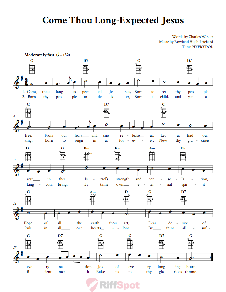 Come Thou Long-Expected Jesus Ukulele Chords and Vocal Sheet Music