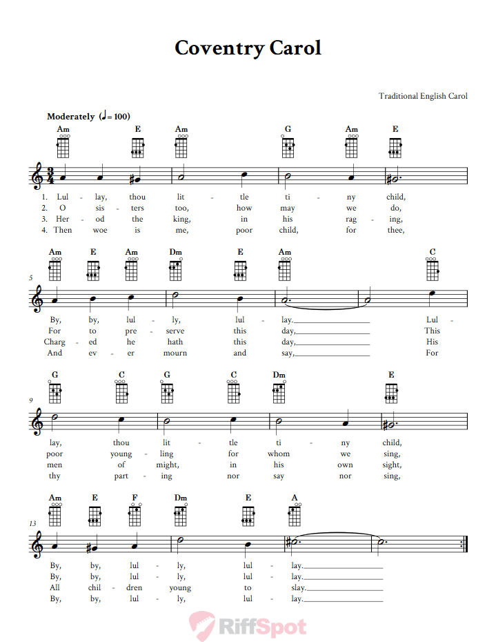 Coventry Carol Ukulele Chords and Vocal Sheet Music