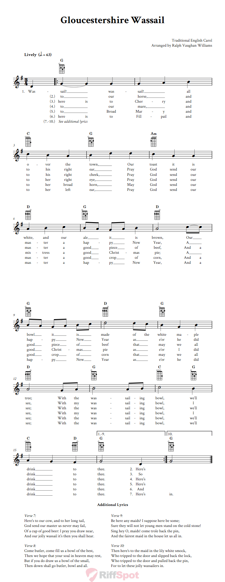 Gloucestershire Wassail Ukulele Chords and Vocal Sheet Music