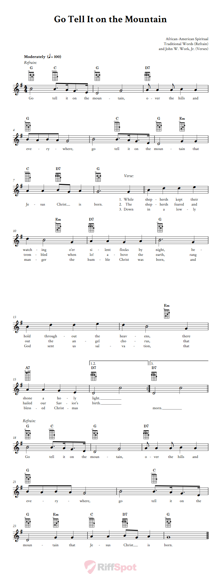 Go Tell It on the Mountain Ukulele Chords and Vocal Sheet Music