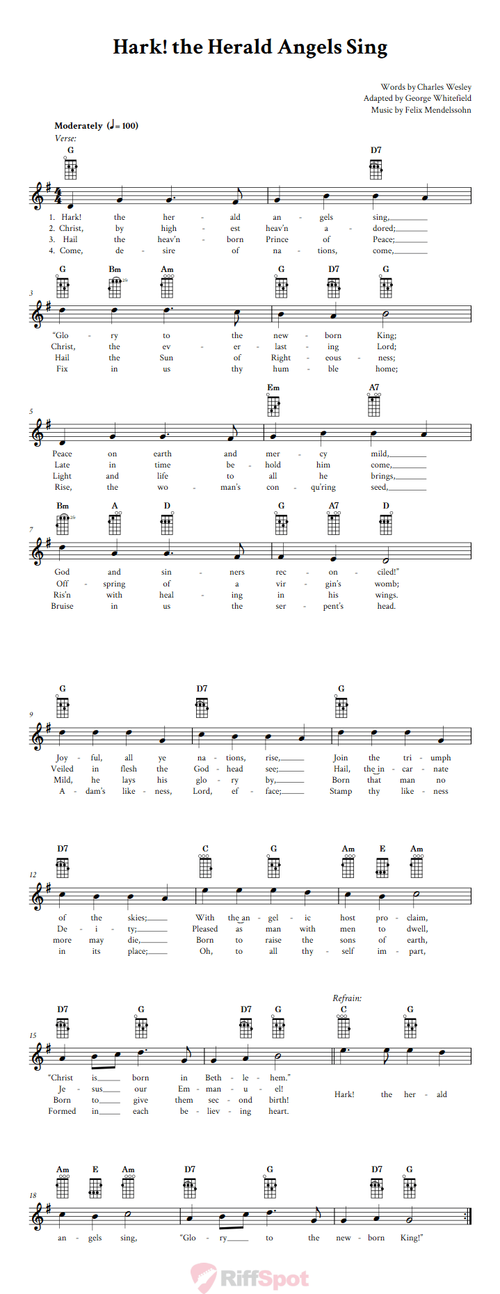 Hark! the Herald Angels Sing Ukulele Chords and Vocal Sheet Music