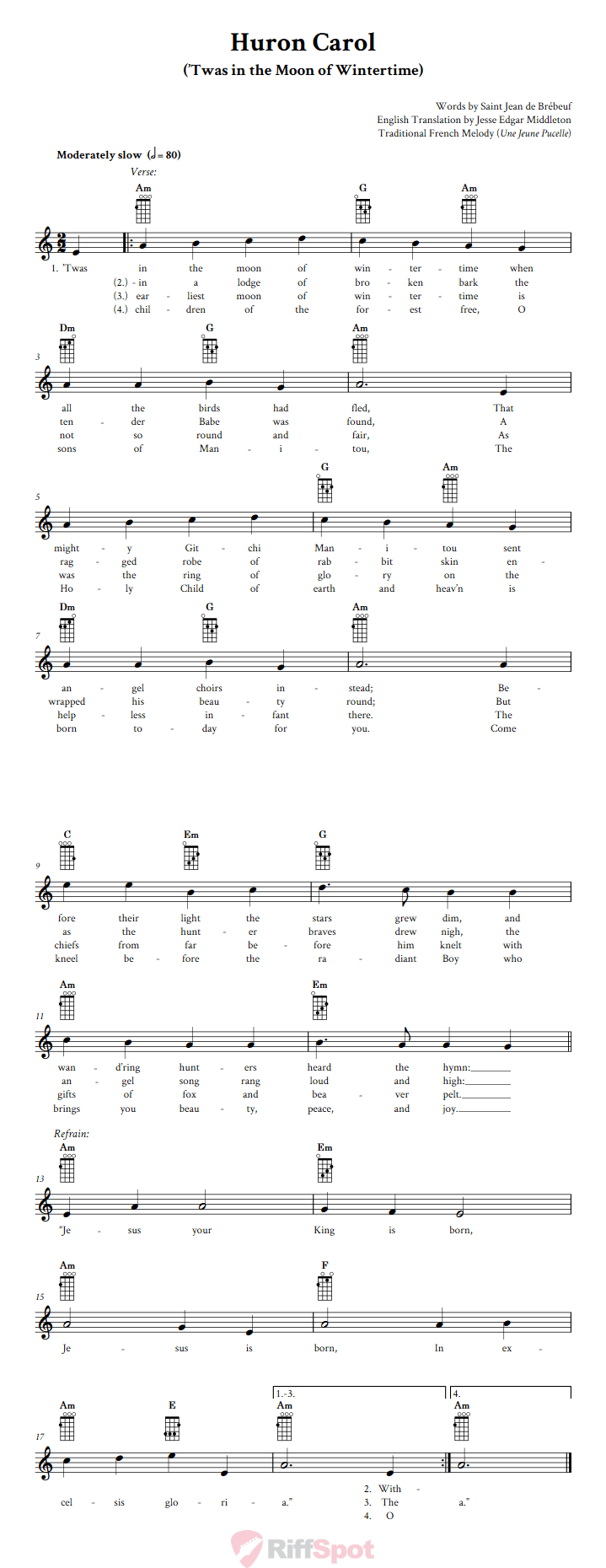 Huron Carol Ukulele Chords and Vocal Sheet Music
