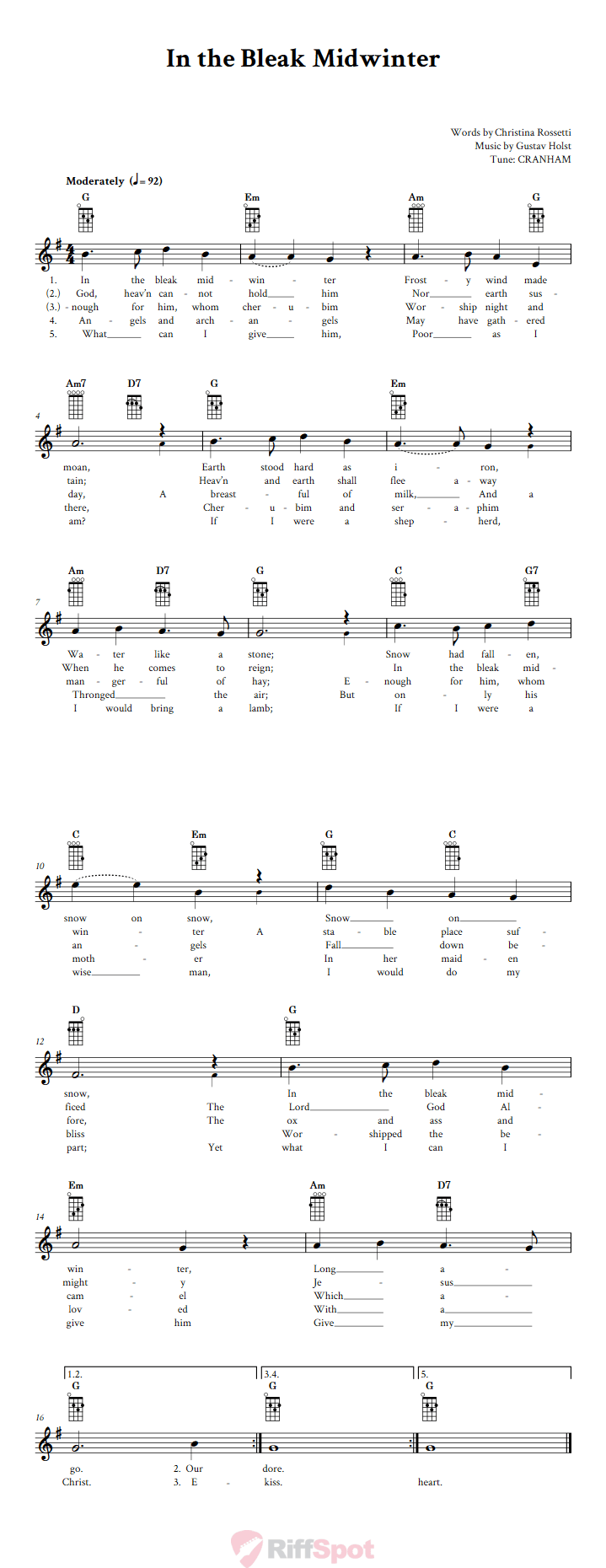 In the Bleak Midwinter Ukulele Chords and Vocal Sheet Music