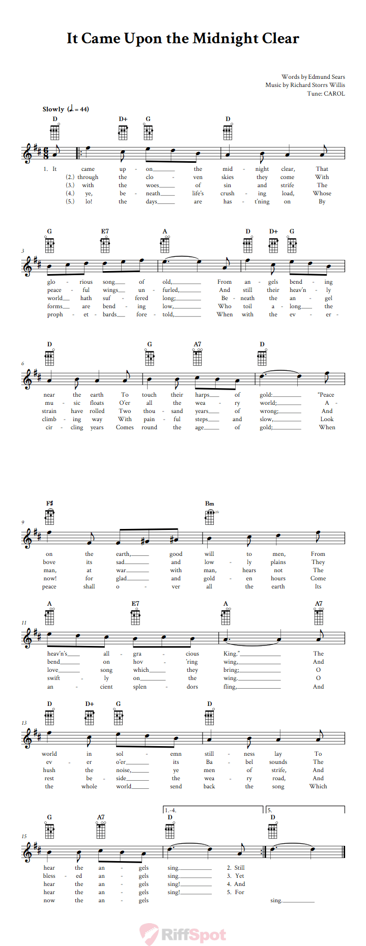 It Came Upon the Midnight Clear Ukulele Chords and Vocal Sheet Music