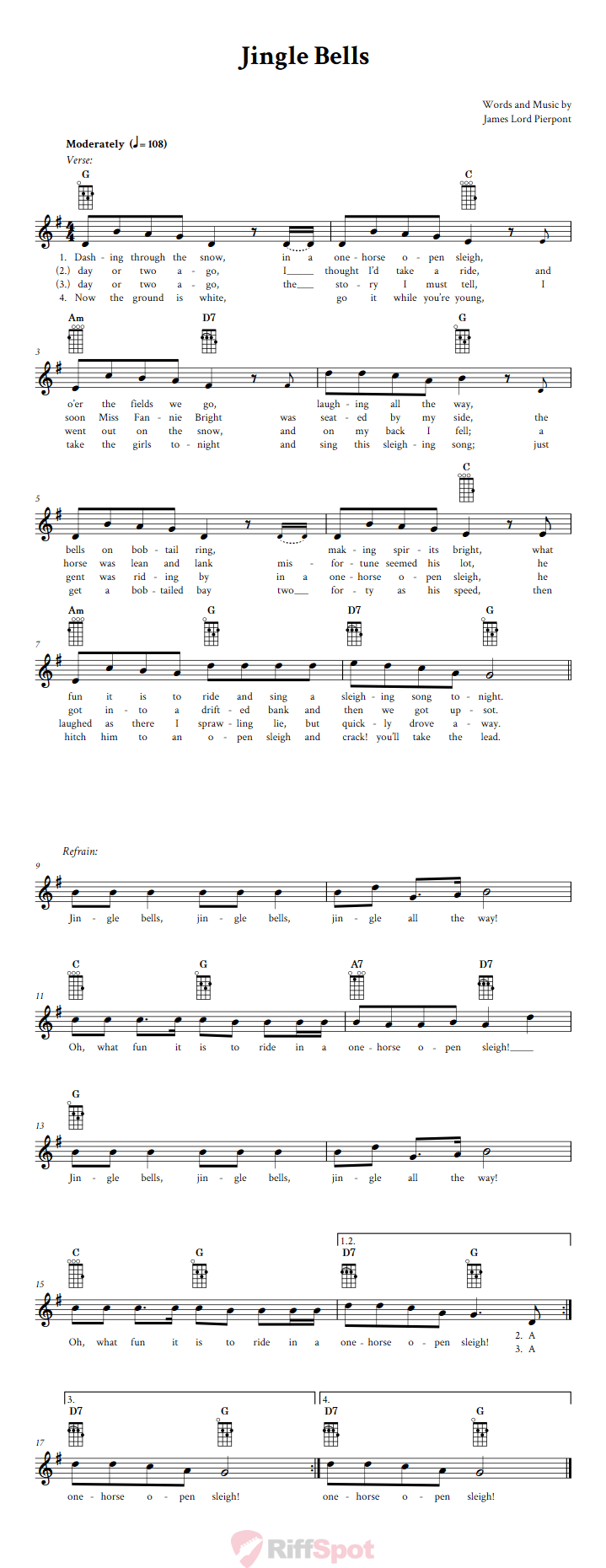 Jingle Bells Ukulele Chords and Vocal Sheet Music