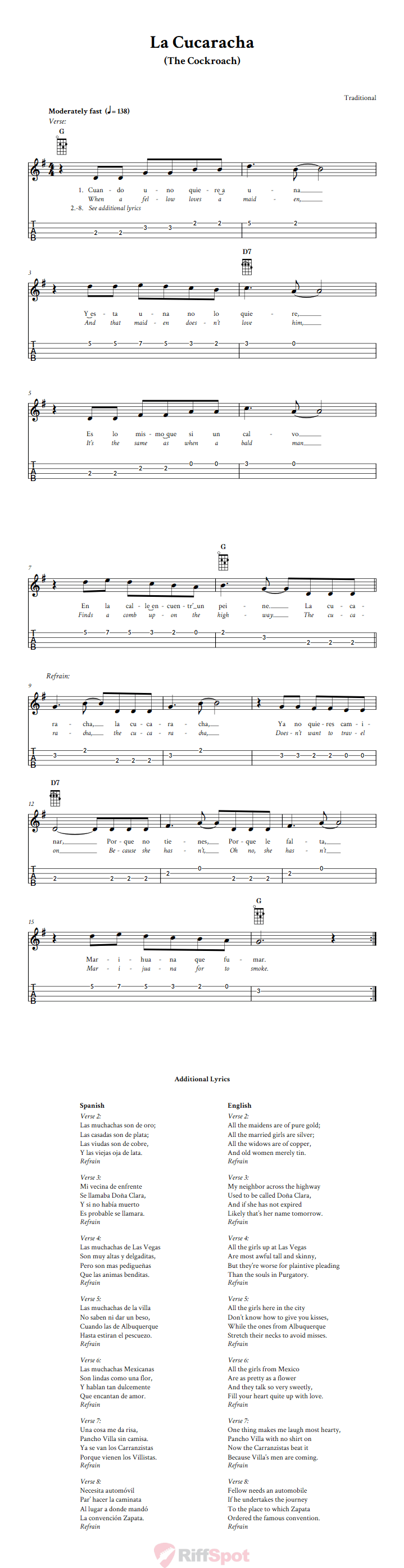 La Cucaracha Ukulele Tab
