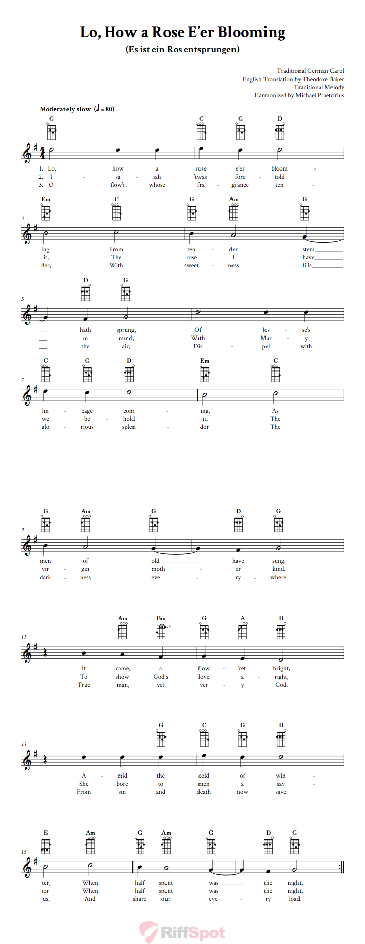 Lo, How a Rose E'er Blooming Ukulele Chords and Vocal Sheet Music