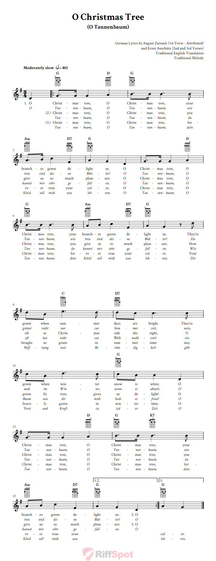 O Christmas Tree Ukulele Chords and Vocal Sheet Music