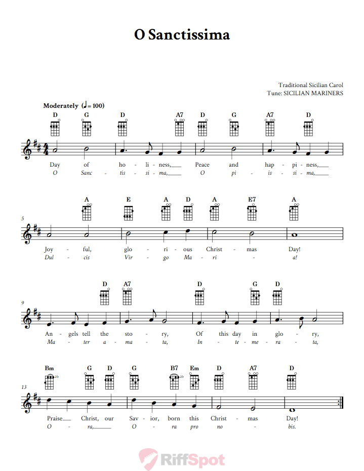 O Sanctissima Ukulele Chords and Vocal Sheet Music