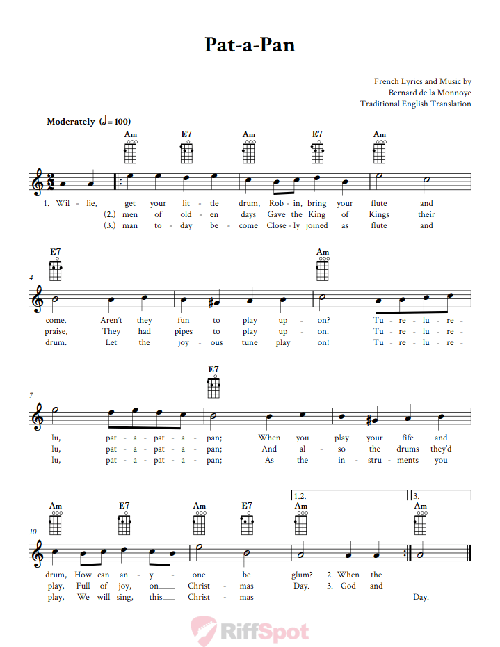 Pat-A-Pan Ukulele Chords and Vocal Sheet Music