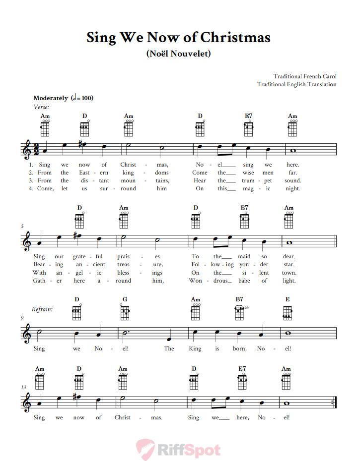 Sing We Now of Christmas Ukulele Chords and Vocal Sheet Music