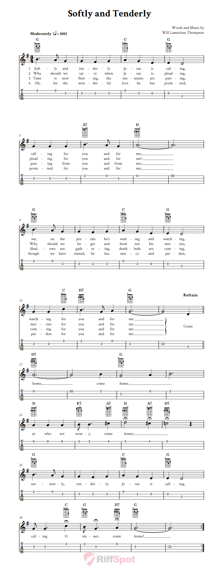 Softly And Tenderly Ukulele Tab