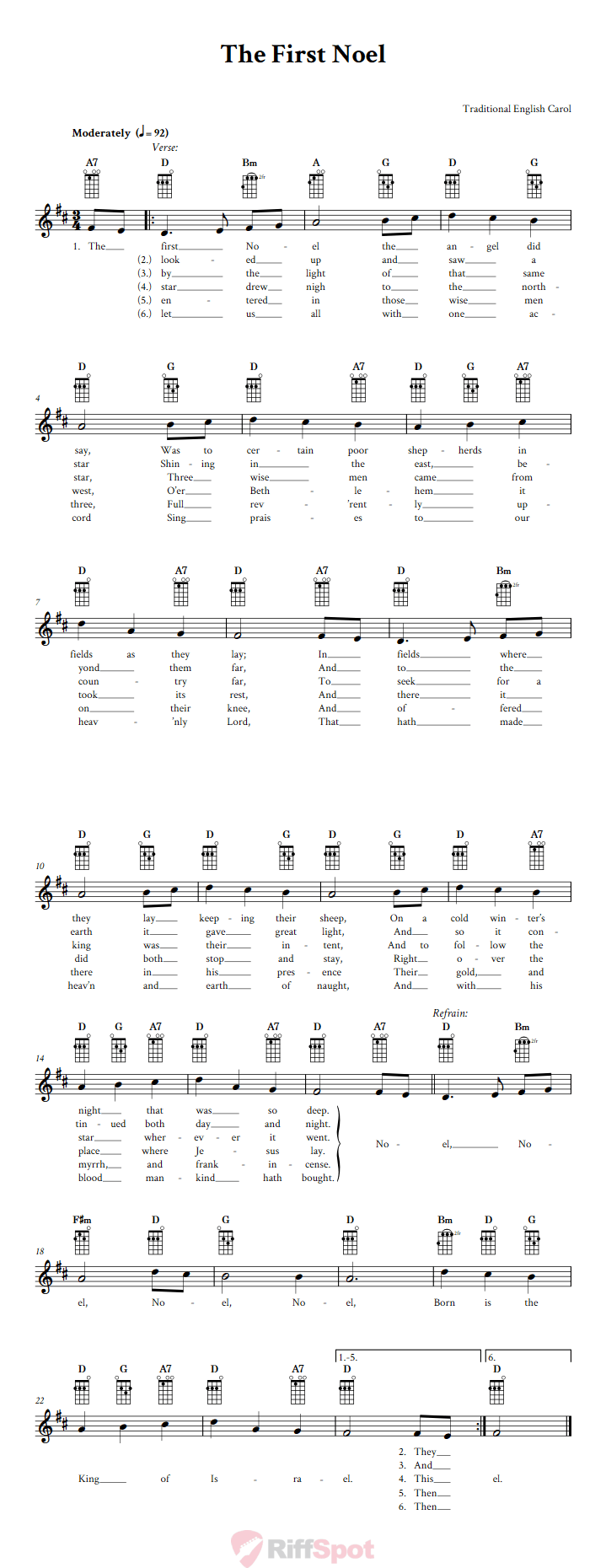 The First Noel Ukulele Chords and Vocal Sheet Music
