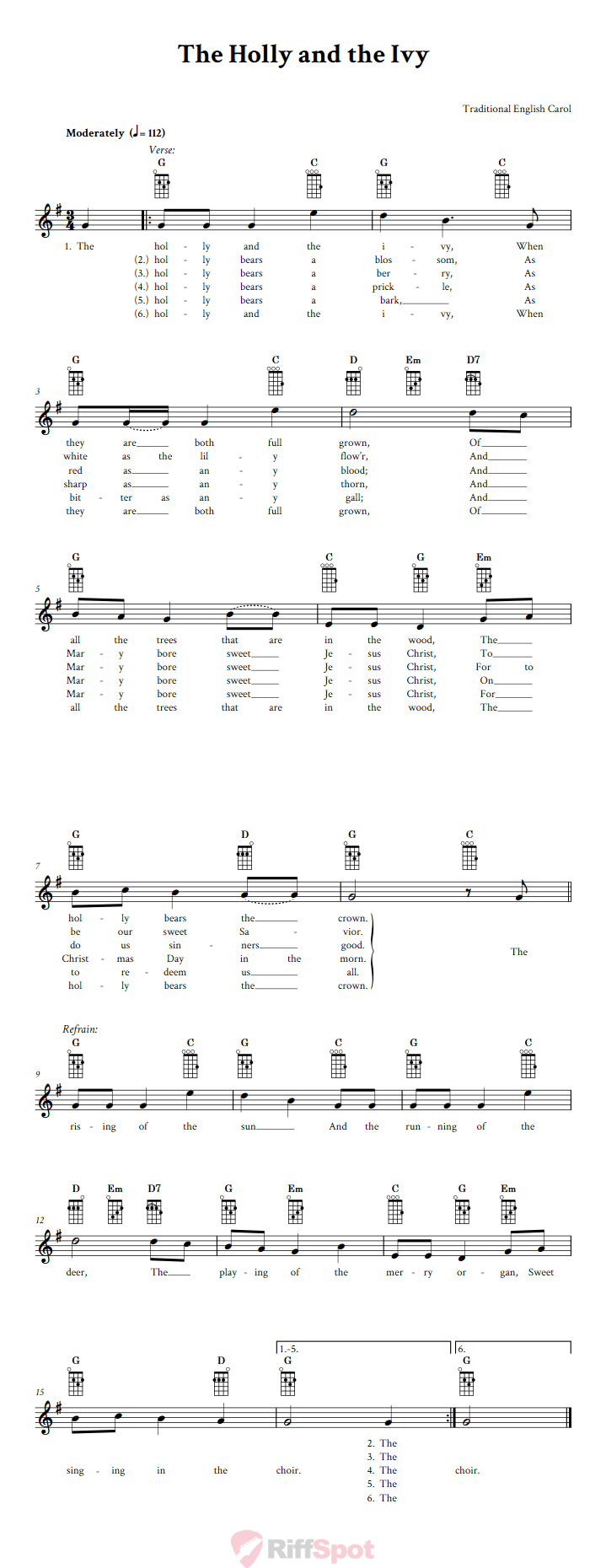 The Holly and the Ivy Ukulele Chords and Vocal Sheet Music