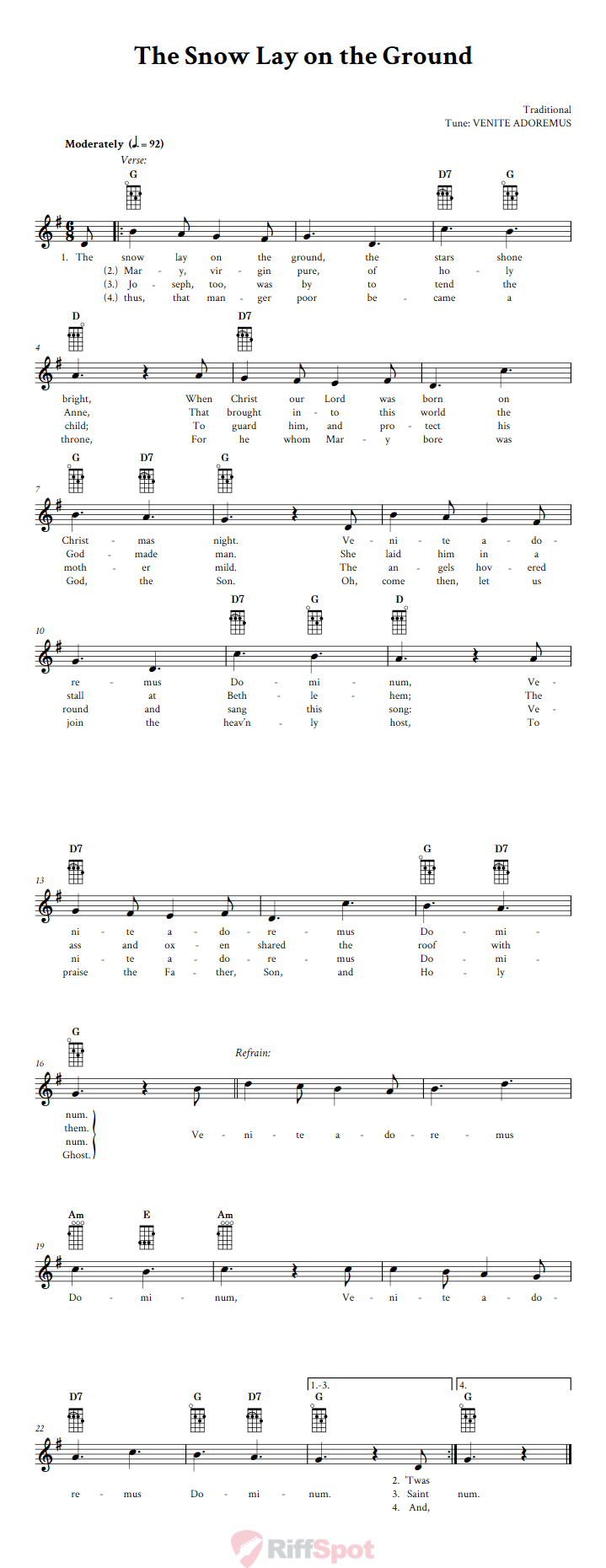 The Snow Lay on the Ground Ukulele Chords and Vocal Sheet Music