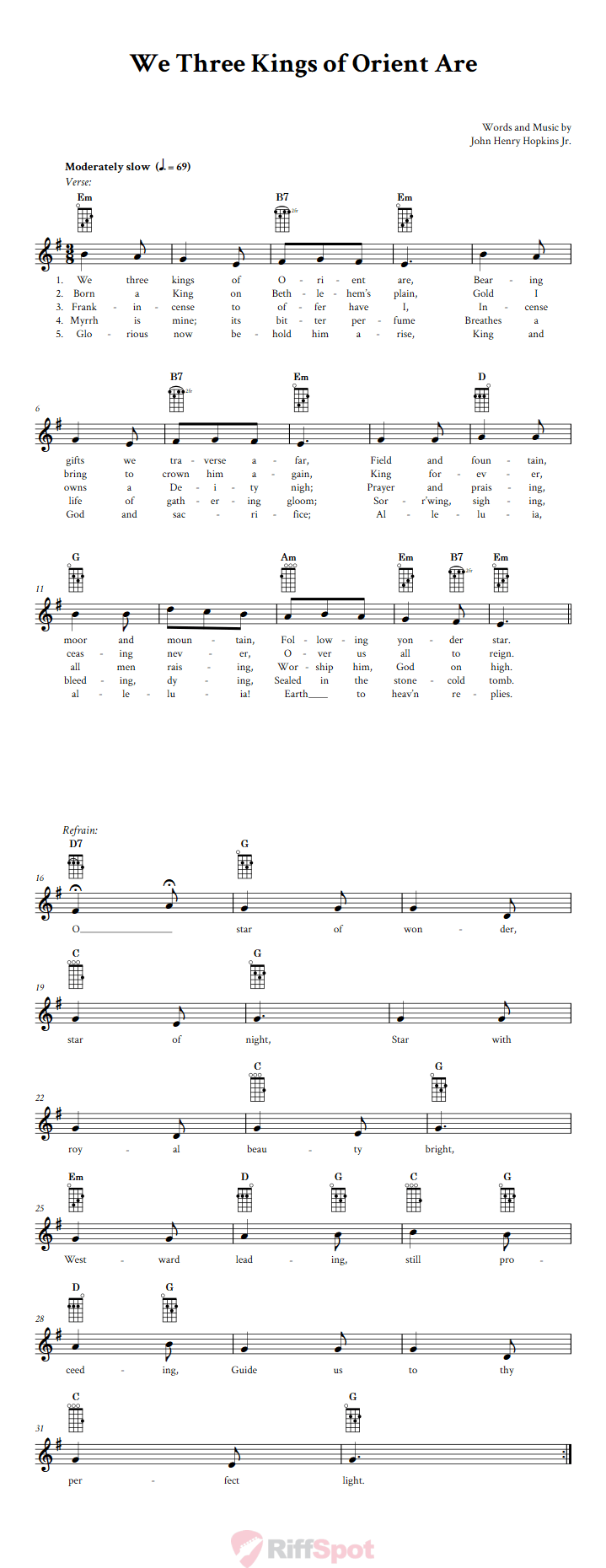 We Three Kings of Orient Are Ukulele Chords and Vocal Sheet Music