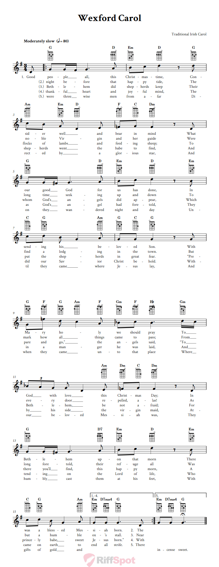 Wexford Carol Ukulele Chords and Vocal Sheet Music