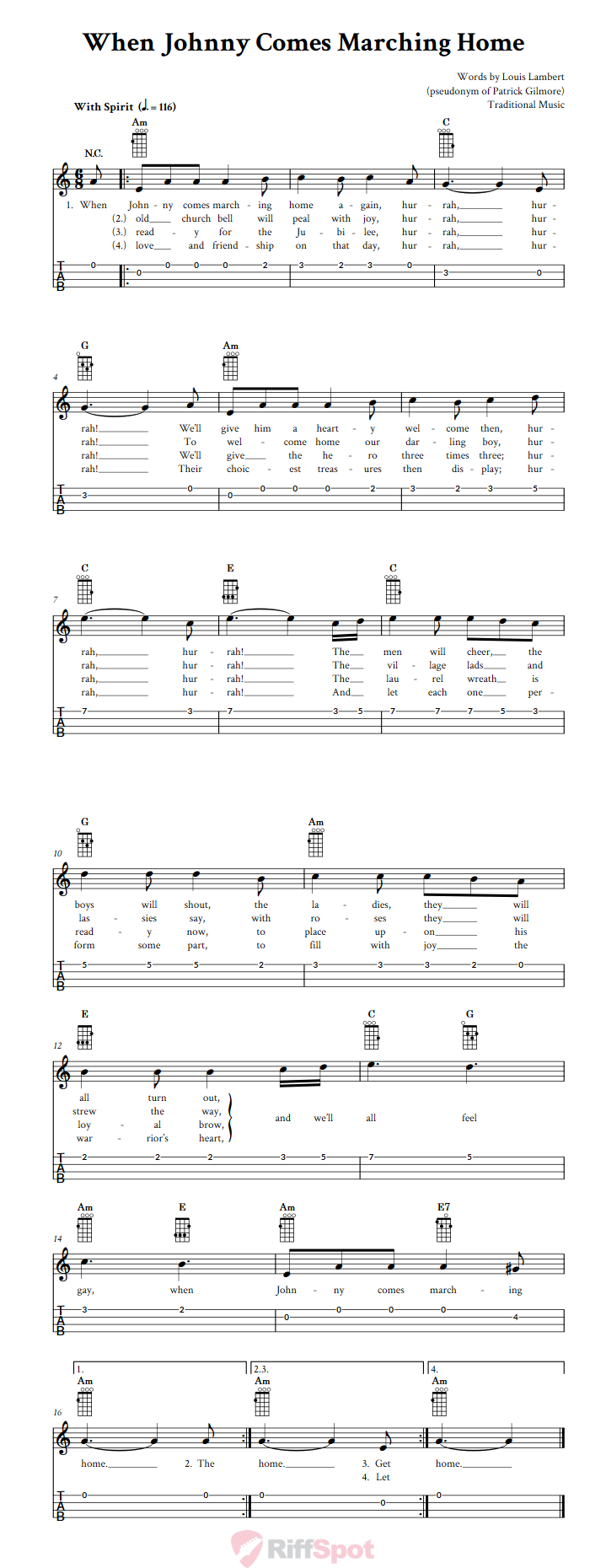 When Johnny Comes Marching Home Ukulele Tab