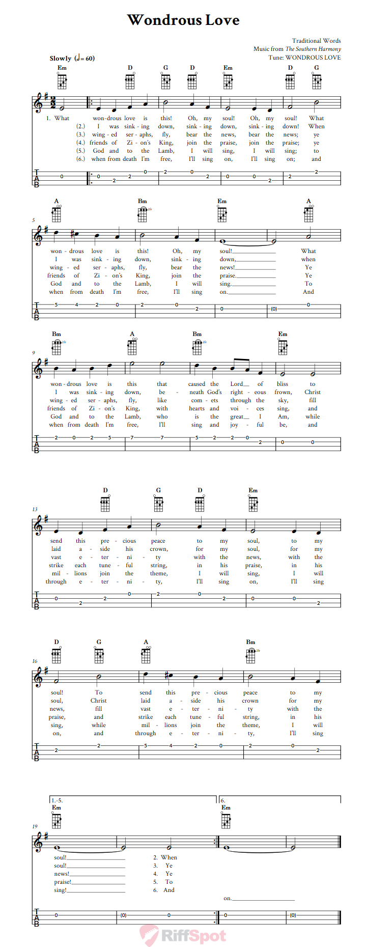 Wondrous Love - Easy Ukulele Sheet Music and Tab with Chords and Lyrics